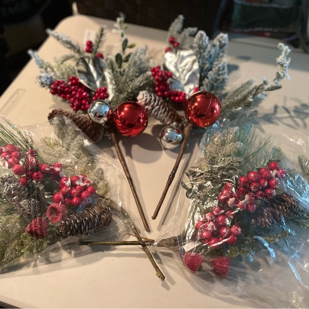 Festive Holiday Berry and Pinecone Picks-beautiful bookcase tops